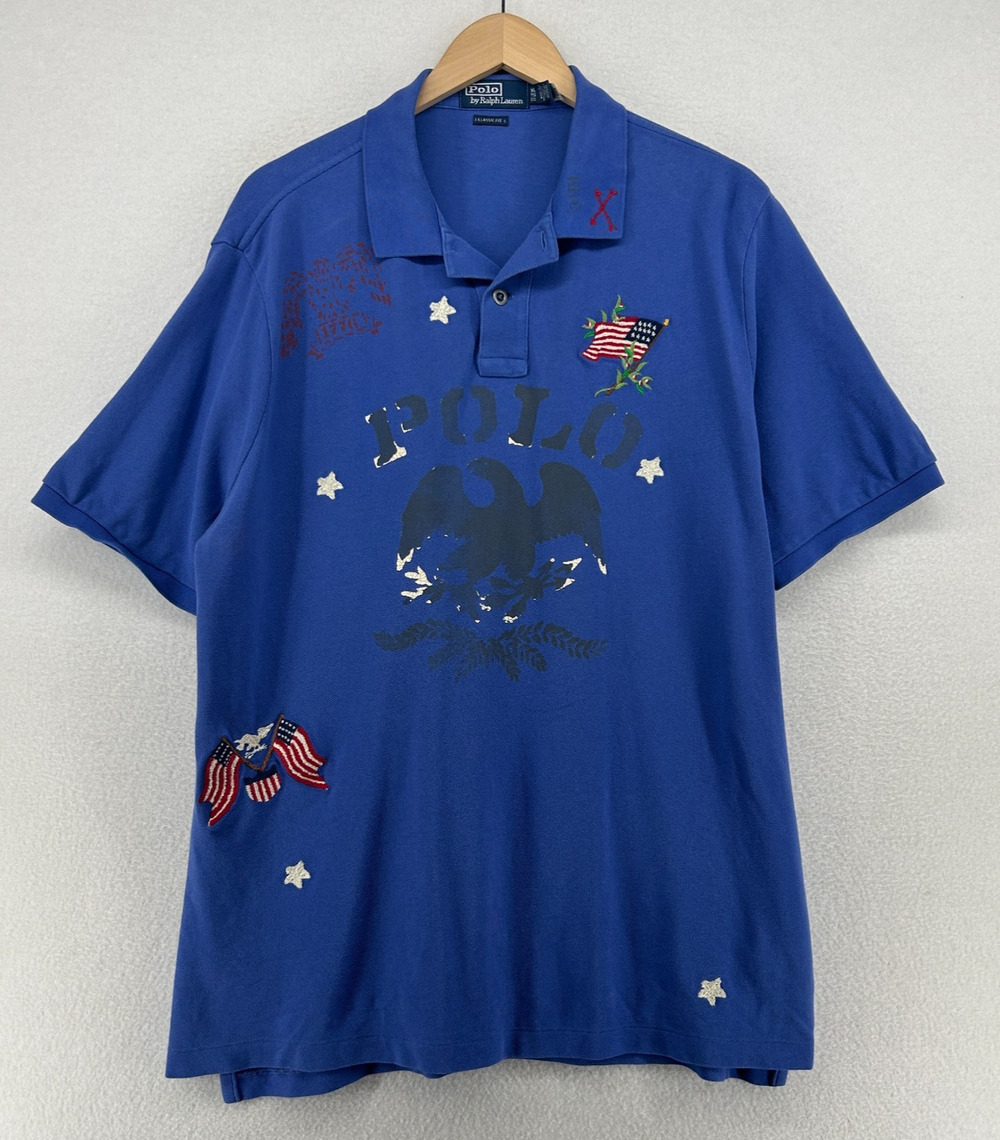 POLO RALPH LAUREN Shirt Mens XL Patriotic American Flag Eagle Patch Polo Blue